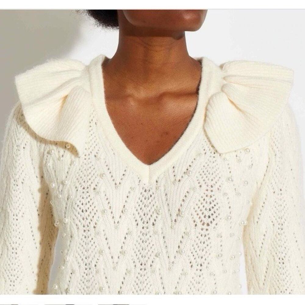 Industry Pearl Pointelle Ruffle Shoulder Sweater Cream Coquette Romantic Sz Med